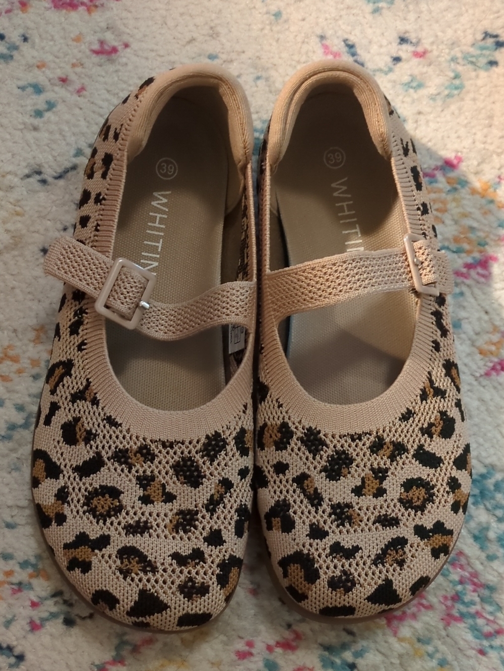 WHITIN Leopard Knit Mary Jane Flats in Beige and Black